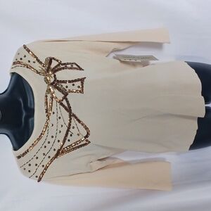 Lucia Burns Cream & gold 3/4 sleeve embellished knit top size M